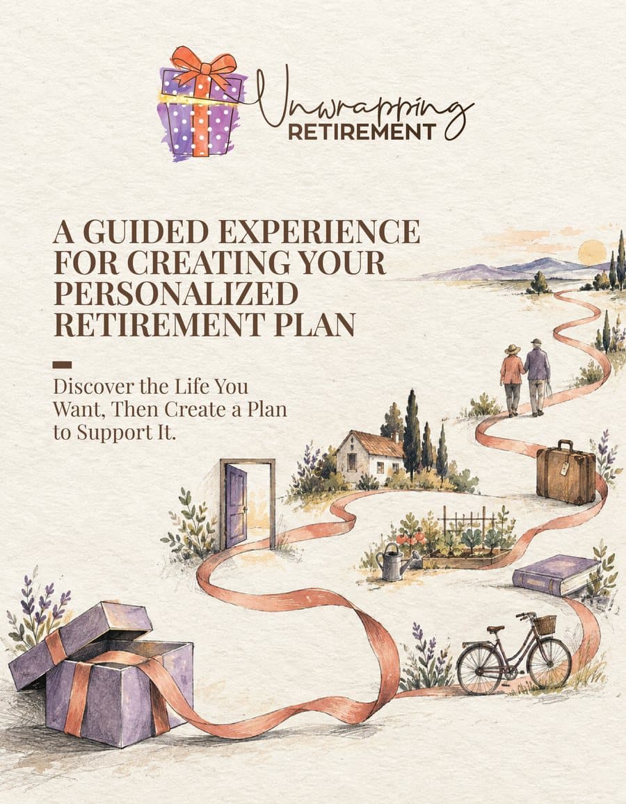 Unwrapping Retirement cover: an open gift box with a ribbon path leading past a home, a garden and a bicycle to a couple walking toward the hills.